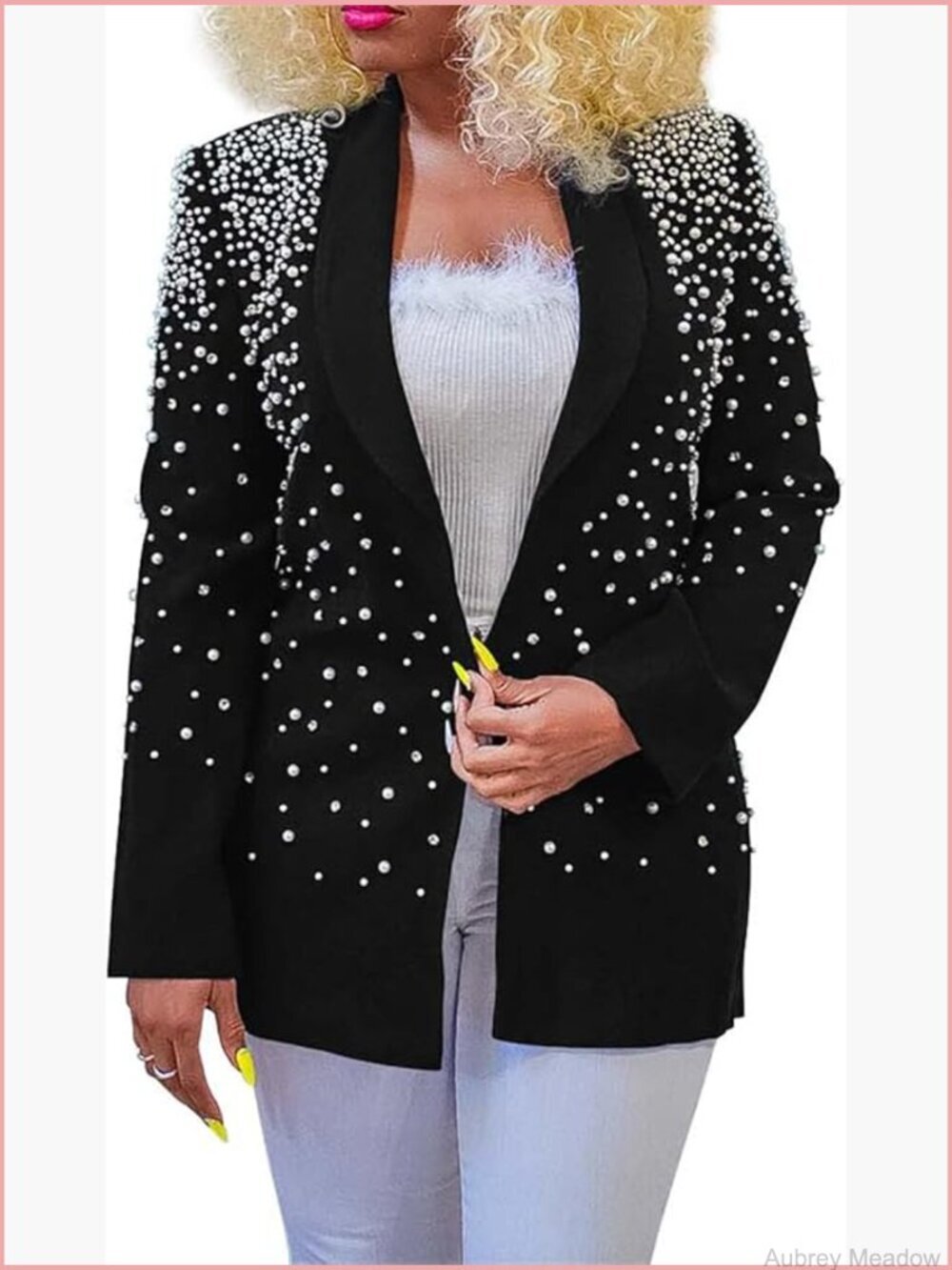 Long Sleeve Lapel Pearls Rhinestones Sequin Party Blazer Jacket Cardigan